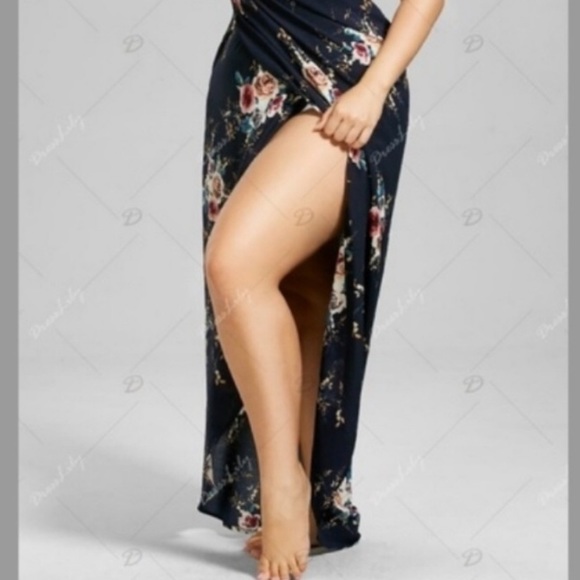 Navy Blue Criss Cross Backless Layered Split Dress - Picture 3 of 3